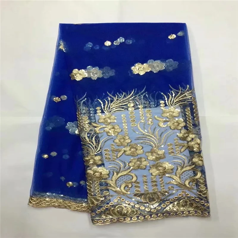 

African lace fabric 2022 latest royal blue Indian sari fabric high quality tulle sequined lace fabric for wedding dress