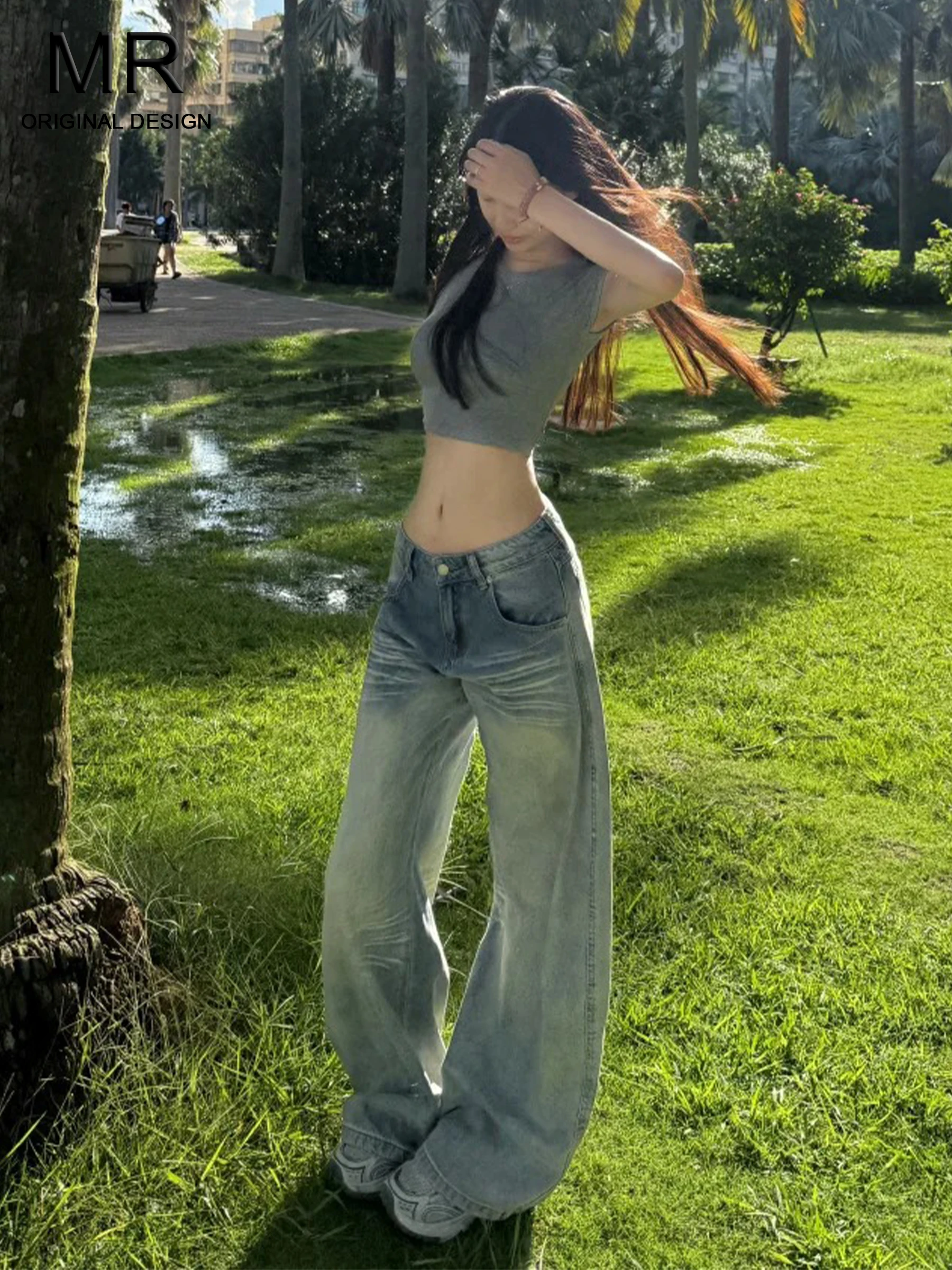 

Retro Wide Leg Denim Jeans Women's Summer Hot Girl Loose Slimming Floor-Length American Design Style Light Blue Casual High W...