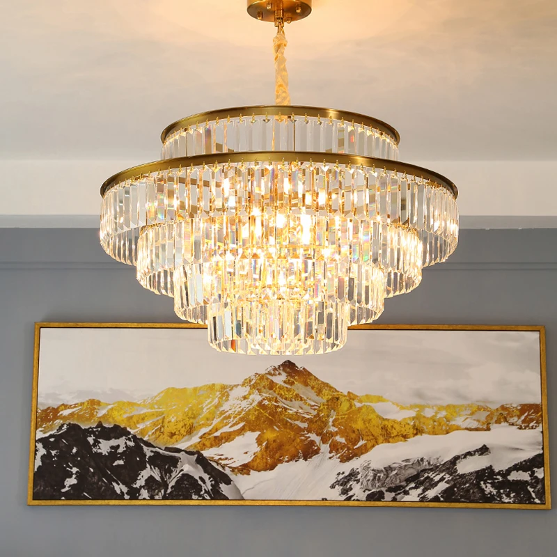 

American Crystal Chandelier Modern High-end Round Pendant Light Hotel Parlour Dining Hall Bedroom Golden Multi -Layer Chanders