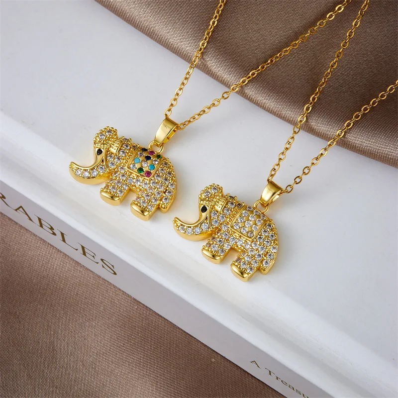 Stainless Steel Chain Classic Shiny Zircon Cute Elephant Pendant Necklace for Women Lady Vintage Jewelry Accessories Gifts