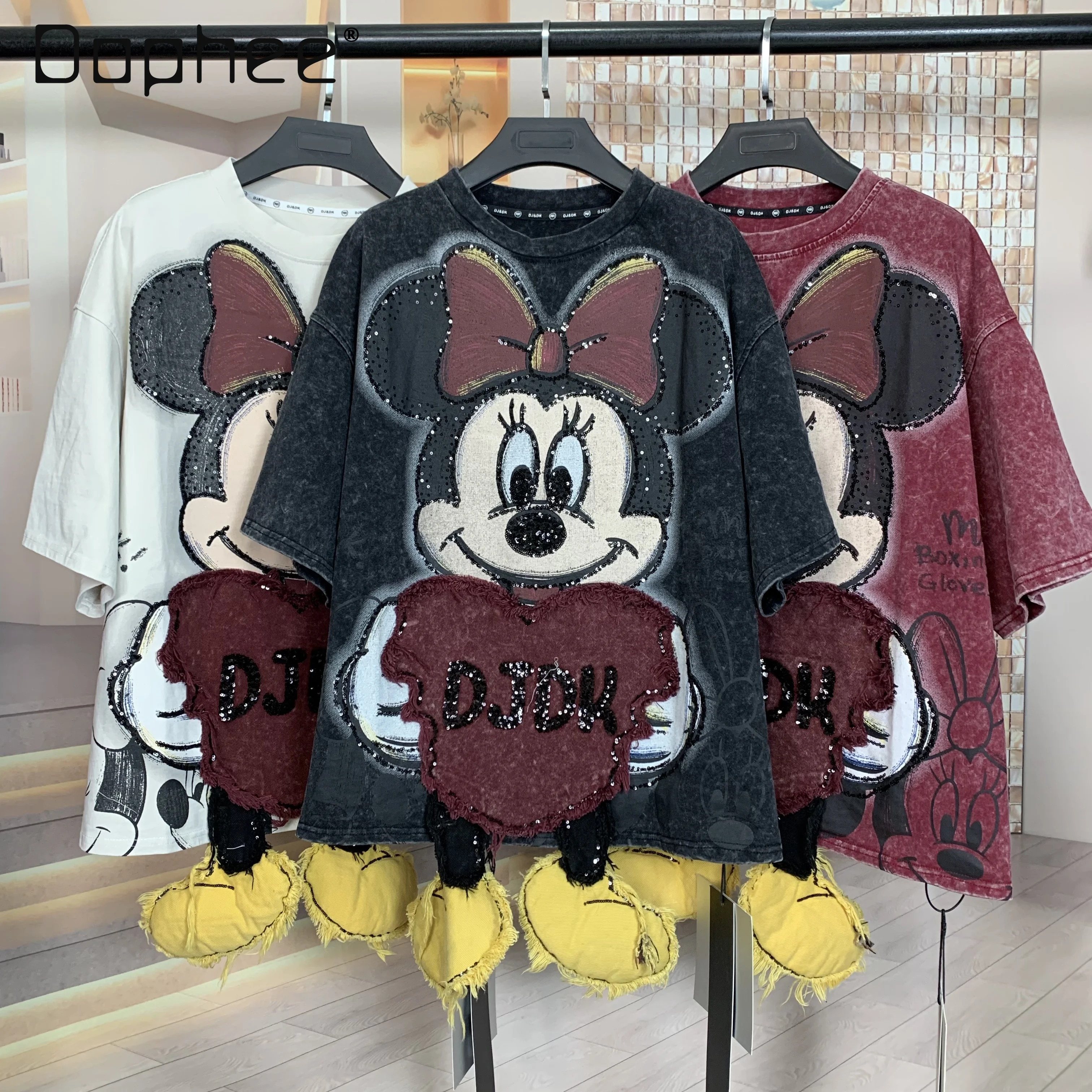 

Модная свободная футболка с коротким рукавом с героями мультфильмов, женская модная брендовая осенняя новинка, тяжелый ремесленный милый винтажный топ, кавайная одежда