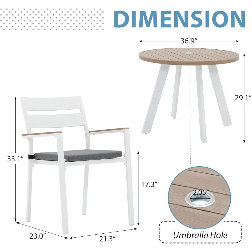 5 Piece Outdoor Dining Set, Aluminum Patio Furniture Dining Table and Stackable Chairs Set for 4 People, Wood Grain Tabletop