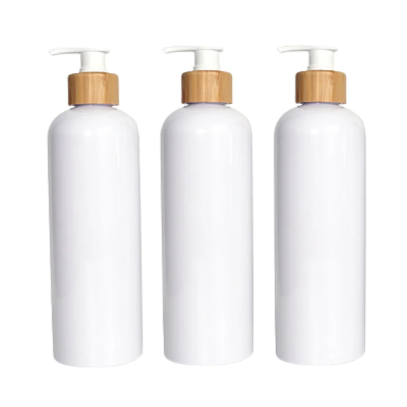 15Pcs Shampoo Bottle 500ML Containers Empty Plastic White Round PET Refillable Cosmetic Packaging Bottle Bamboo Wood Lotion Pump