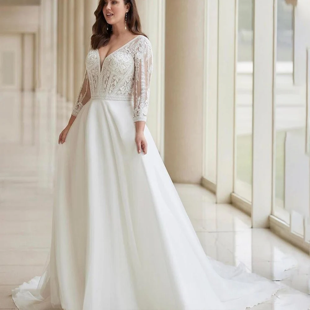 Robe de Mariée Blanche à Manches sulf, Col en V, Tulle, Balayage Traîne, Dos aux, Bouton, Sur Mesure, Grande Taille