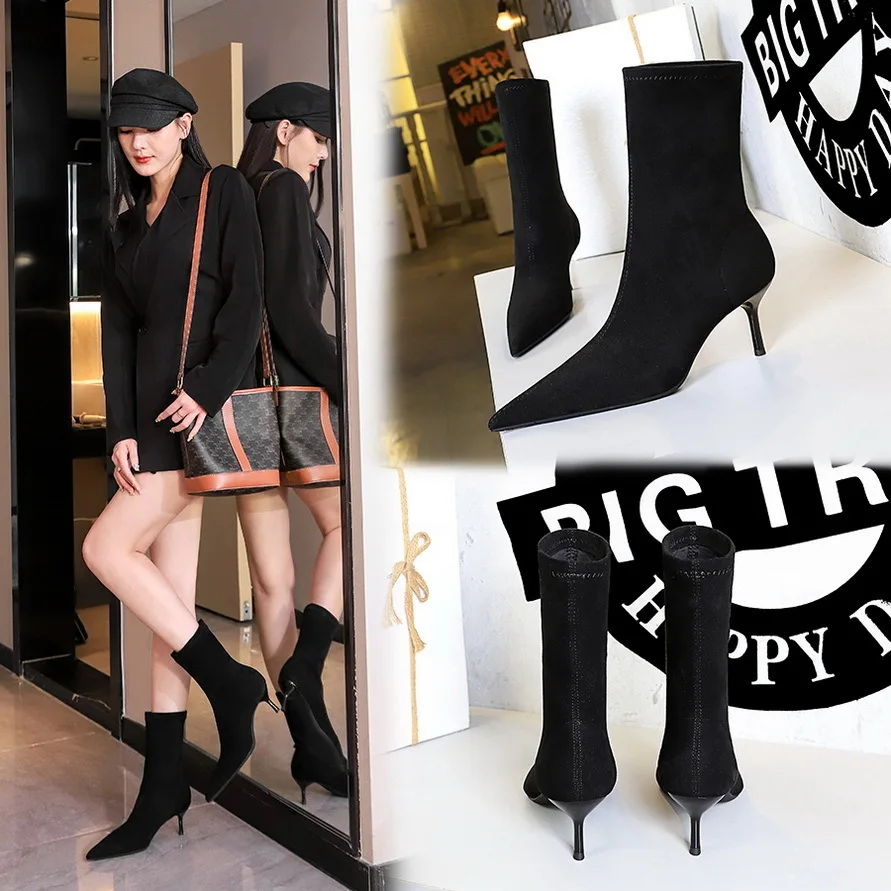 Fashion Women's Shoes Simple Versatile Thin Heels Suede For Trimming Feet And Slimming Short Leg Mid-calf Women Winter Boots