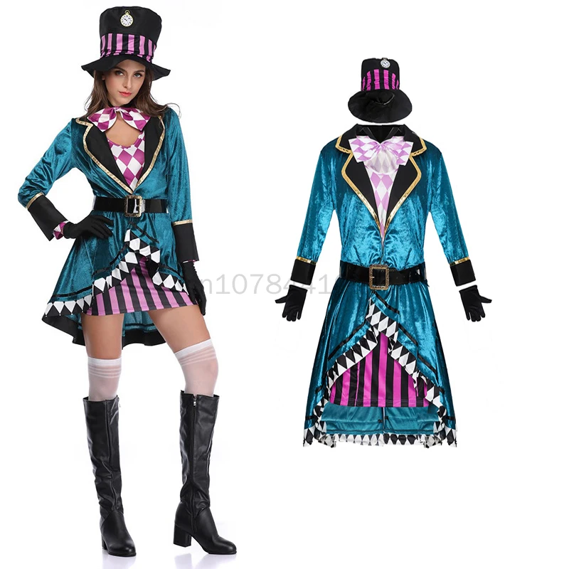 Adult Women Miss Mad Hatter Fancy Dress Halloween Gothic Deluxe Ladies  Wonderland Cosplay Fancy Dress with Hat Suit