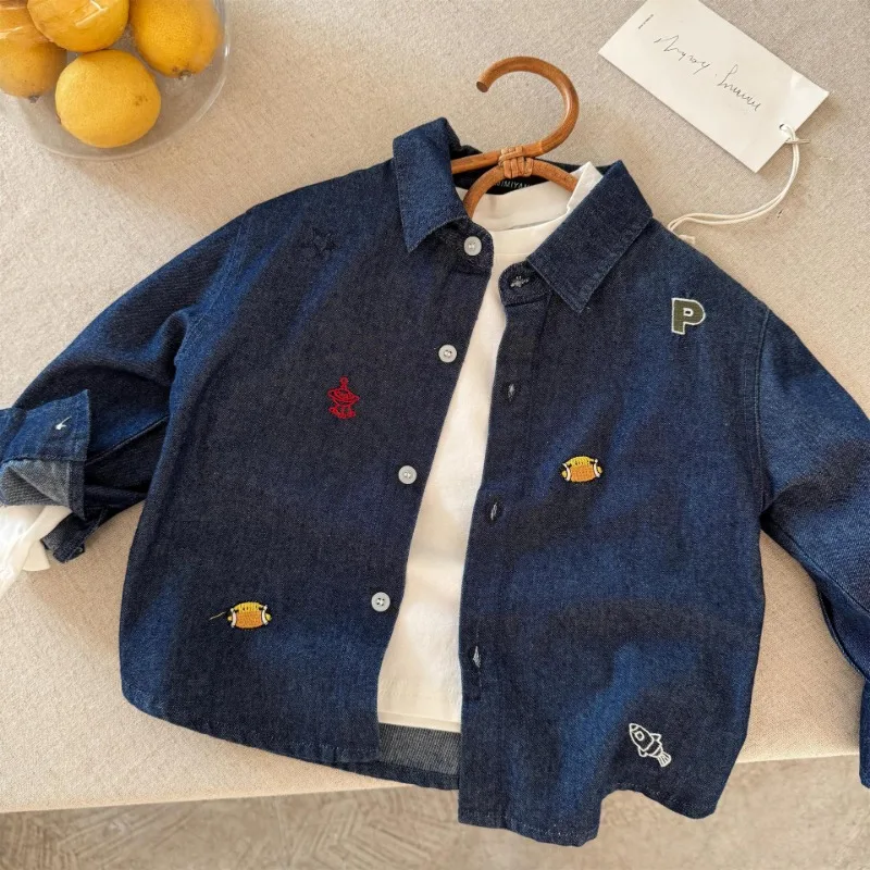 2025 Spring Kids Shirt Simple Embroidery Denim Blouses for Boys and Girls Casual Lapel Coat Children's Outwear Clothes