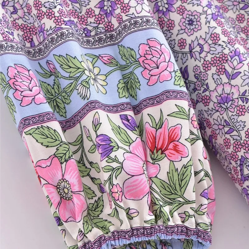 2024 BOHO Lavender Small Flower Print Bow Lacing up Neck Long Straight Dress Women Viscose Cotton Full Sleeve Maxi Robe Holiday