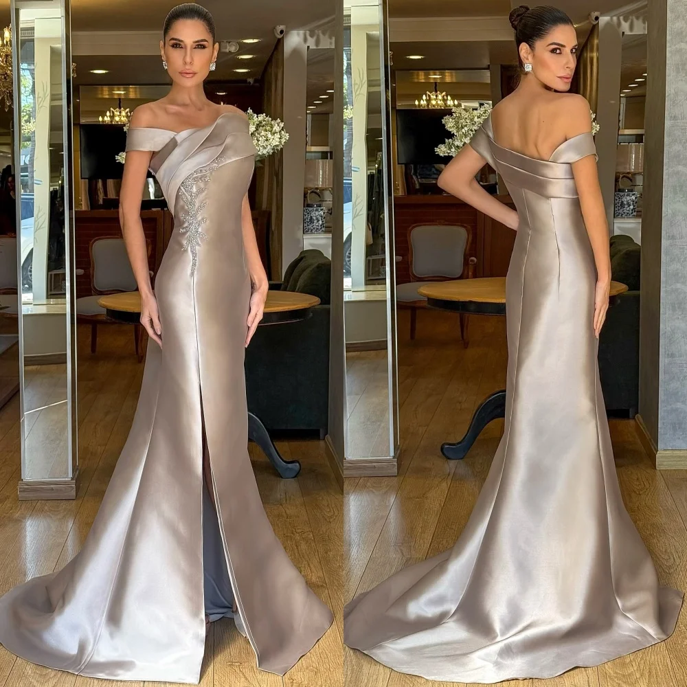 

Customized Fashion Elegant Charmeuse Sequined Pleat A-line Off-the-shoulder Long Dresses Bespoke Occasion Sexy