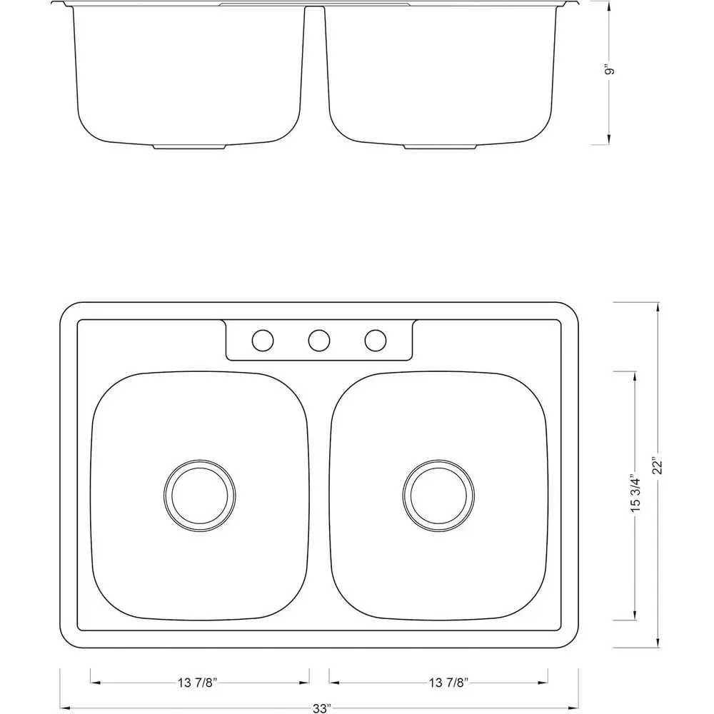 Pia de Cozinha Dupla de Aço Inoxidável 33 Polegadas, Calibre 18, Divisão 50/50, 3 Furos para Torneira