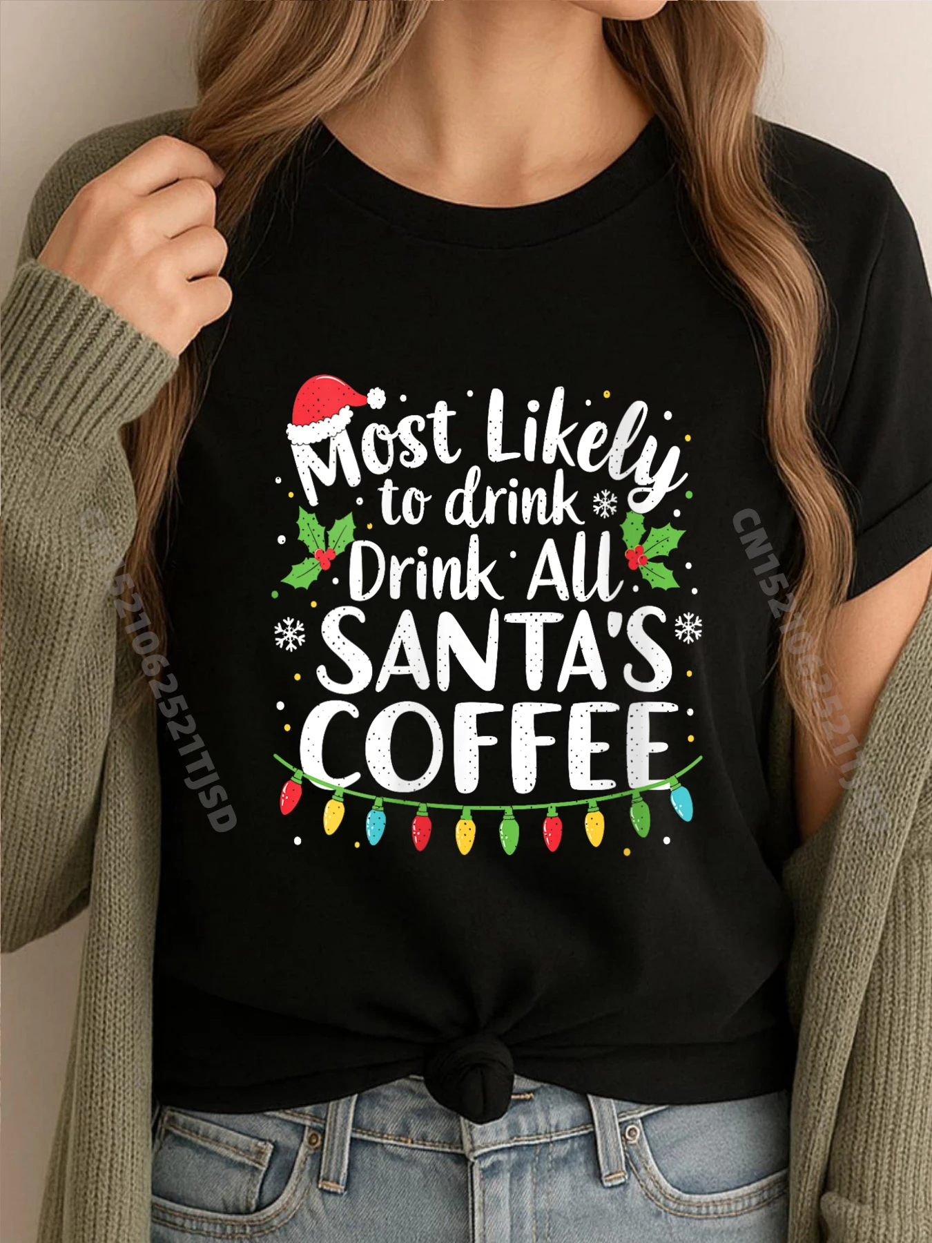 

Женская футболка «Самая любит пить всего кофе Санта-Клауса», одинаковые рождественские милые футболки большого размера, Camisas De Hombre с иллюстрацией