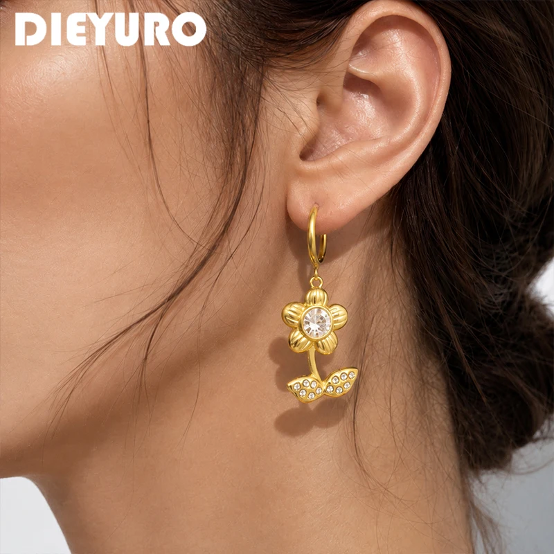 DIEYURO 316L Stainless Steel Golden Flower Stem Leaf Inlay Round Zircon Hoop Earrings Women Waterproof  Elegant Jewelry Gift