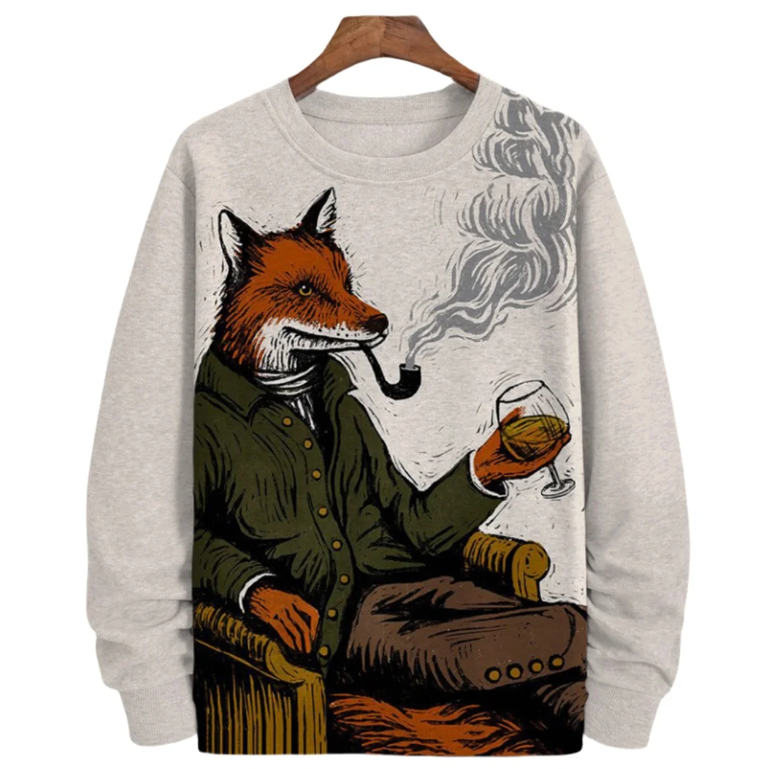 Animal Fox Printed Hoody Men Oversized Sweatshirts Hip Hop Round Neck Streetwear Clothing Loose Fleece Men\'s Hoodies Pullover