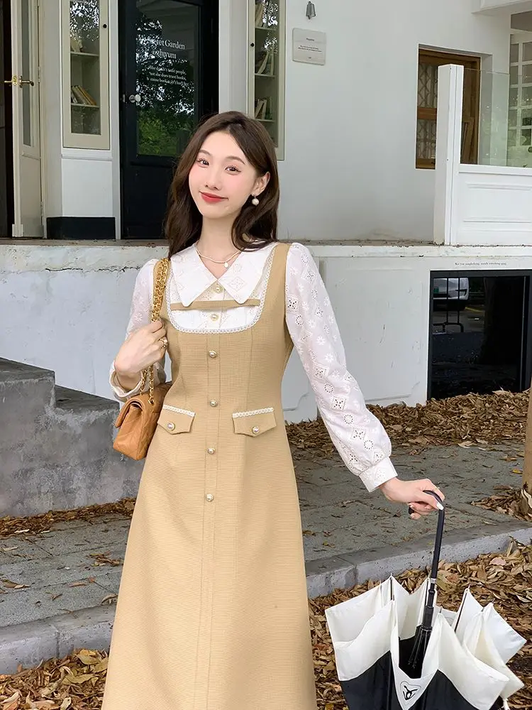 

Korea Dress Lady Outfits Design Vintage Out Long Sleeve Elegant Woman Midi Dresses Faldas Vestido Festa