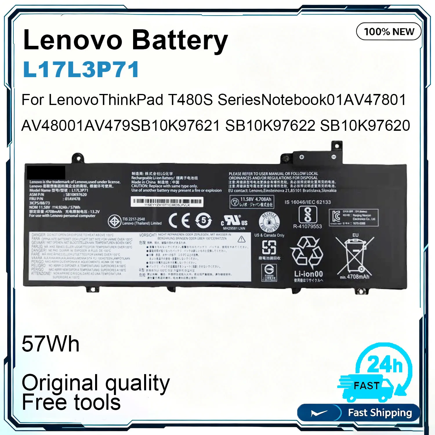 L17L3P71 Laptop Battery 11.58V 57Wh 4920mAh For Lenovo ThinkPad T480S 20L7 20L8 L17M3P71 L17M3P72 01AV478 01AV479 01AV480 SB10K9
