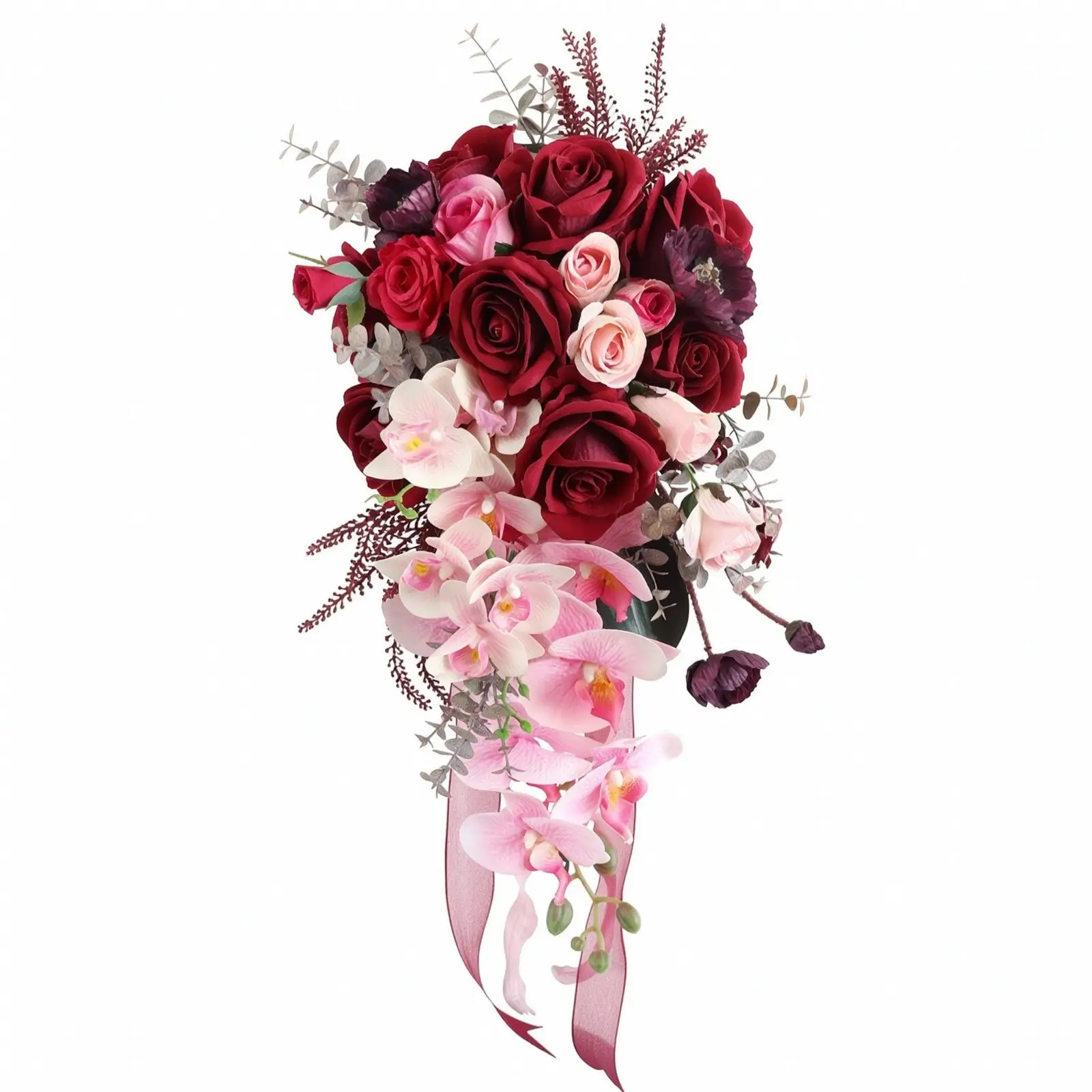 Teardrop Artificial Nosegay Burgundy Rose and Cattleya Cloth Bloom Bouquet Photography-Ready Floral Arrangement for Brides,