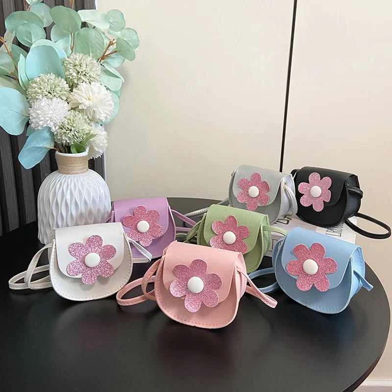 Children Casual Shoulder Bag Solid Color Flower Fashion Cute Sweet Crossover Bag Shopping Party Bag For Girls 1-7 Years Old