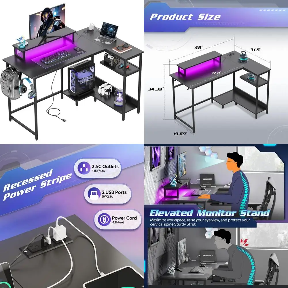 Escritorio para juegos en forma de L de 47 pulgadas con iluminación LED con tomas de corriente, escritorio esquinero para PC para espacios pequeños, mesa duradera para ordenador con Sp