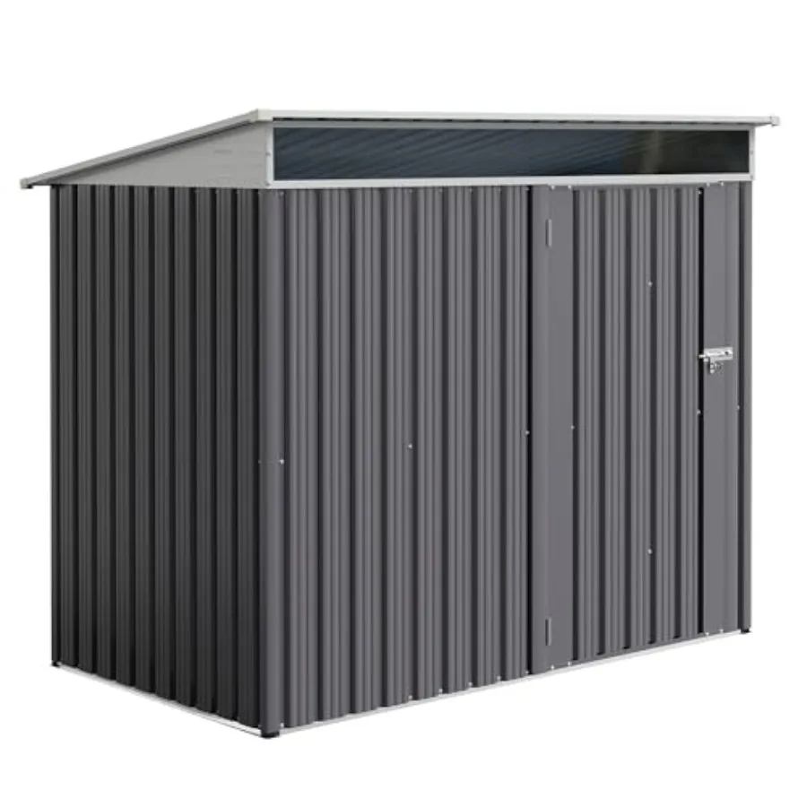 Outdoor garden storage shed: 6x4 FT weather-resistant steel, gray metallic finish, waterproof with window and lockable door for