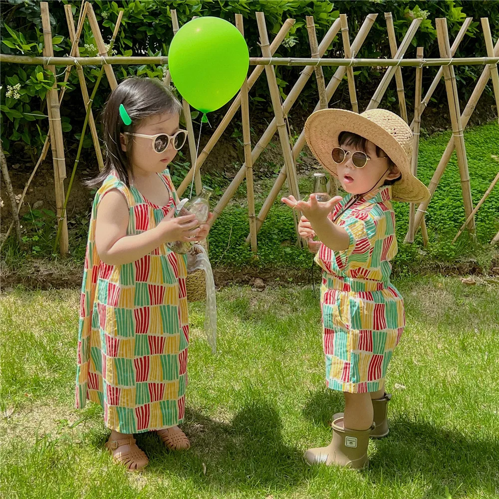 

Holiday Vacation Look Sister and Brother Matching Clothes Kids Girls Sleeveless Dresses Baby Boy Shirts Shorts Two Piece Outfits