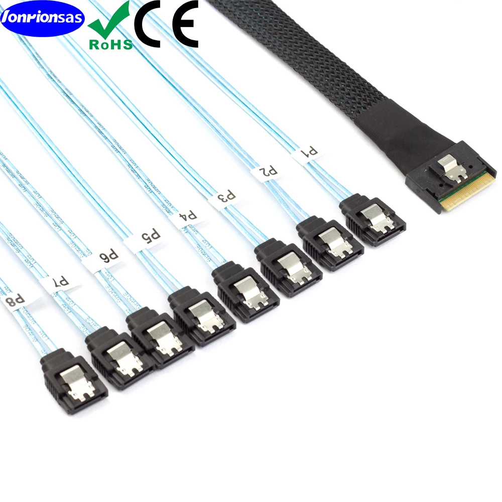 8i 4.0 SFF-8654แบบครึ่งห่อของที่ตักได้74Pin กับ8X 7pin ตัวเมียตรงพร้อมสลักล็อกสาย12Gbps