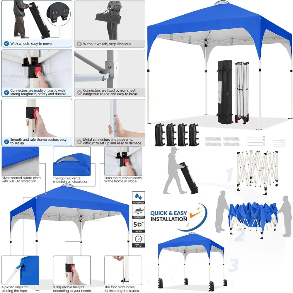 

Мгновенная выдвижная палатка с навесом 6,6x6,6 футов с вентиляцией, простая установка, сумка на колесиках, 4 мешками с песком, 8 кольев, наружное солнцезащитное устройство