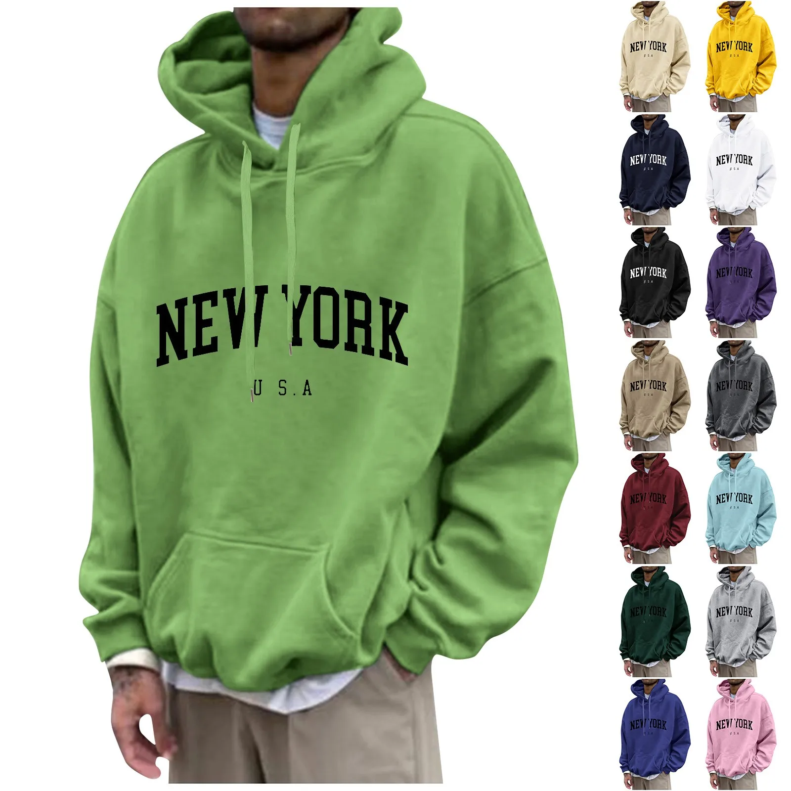 

New York Letter U.s.a City Print Hoody Men Fashion Casual Long Sleeves Hooded Loose Oversize Pullover Hoodie Street Sweatshirt