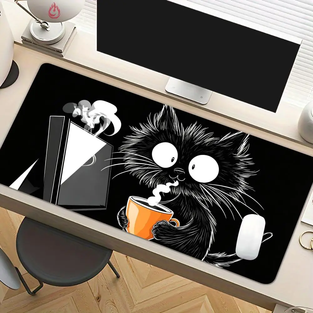 Adorably goofy black cat Mouse Pad Desk Mat Large Computer Office Carpet XXL Mousepad Gamer Gaming PC Accessories Keyboard Rug