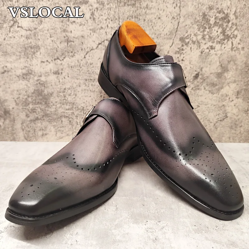 

Luxury Brand Men Leather Shoes Green Buckle Strap Real Leather Casual Dress Shoes Man Office Wedding Monk Shoes For Man