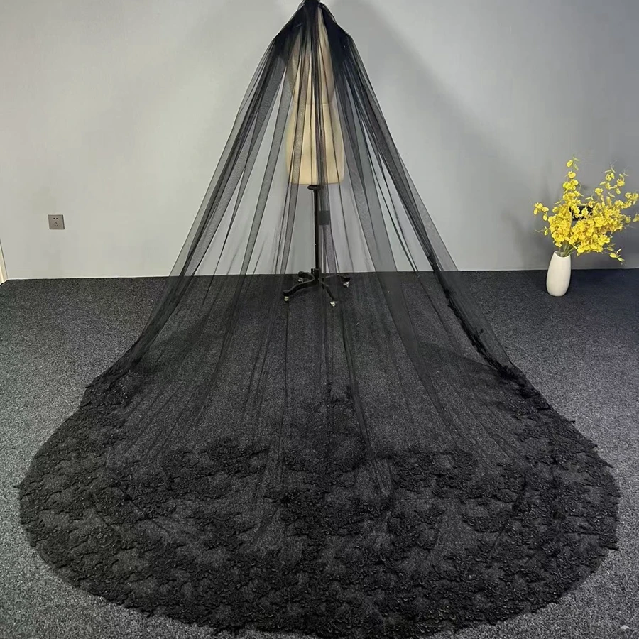 New Arrival Black Cathedral Wedding veil Bride Wedding accessoires de mariage Boda Lace Appliques Bridal veils