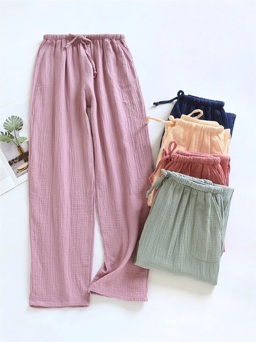 Pure Cotton Sleep Pants Women's Spring Autumn Double Layered Loose Thin Summer Home Pants Comfortable Breathable Long Trousers