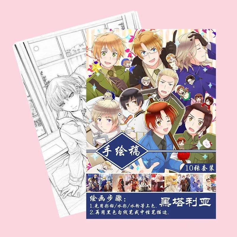 10 Pages/book Anime APH Russia China France Japan Italy Germany UK USA Coloring Book Children Drawing Toy Painting Books A4