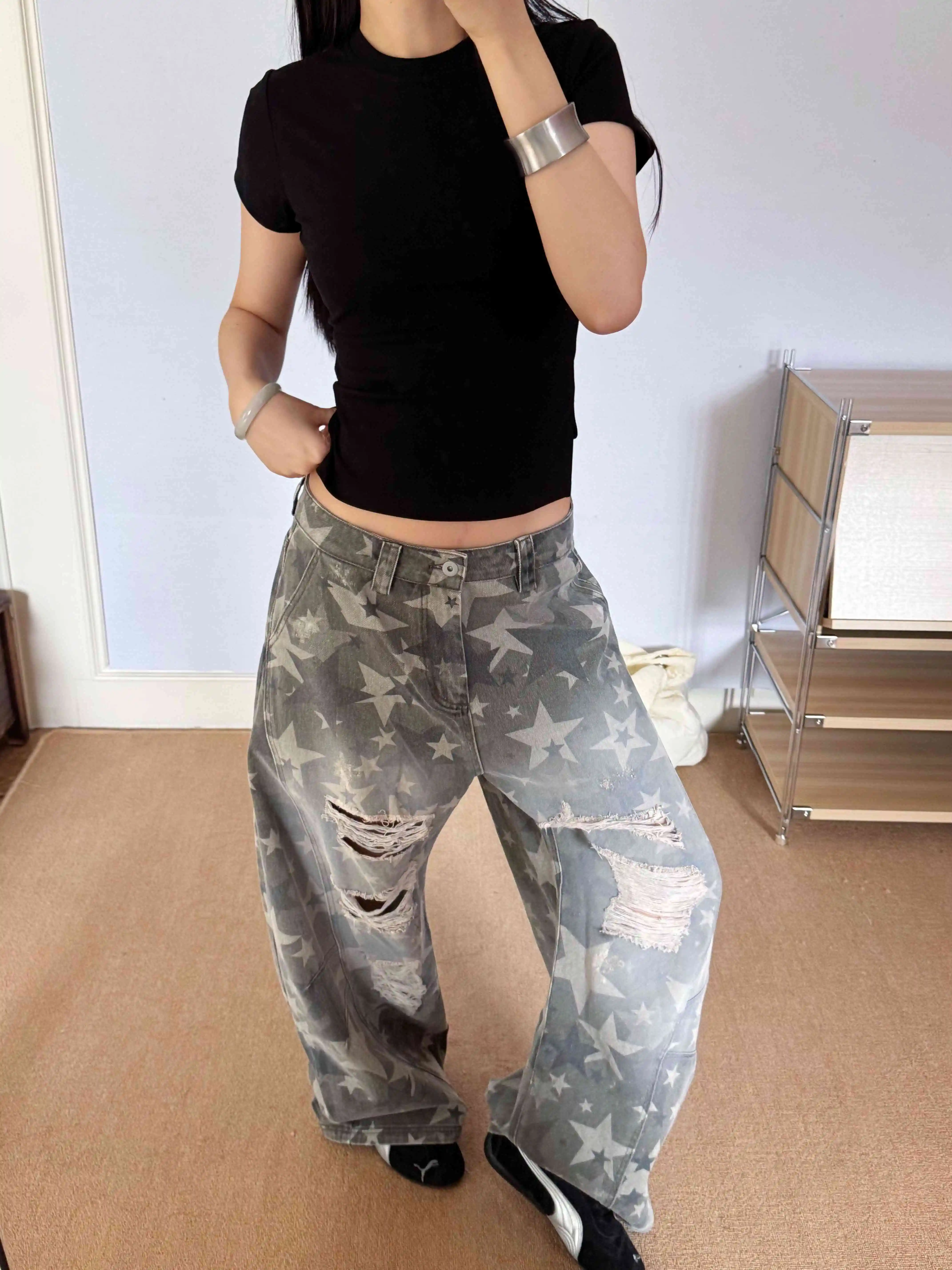 Women Vintage Star Print Ripped Jeans High Waist Classic Baggy Denim Pants Streetwear Y2K American Retro Wide Leg Trousers