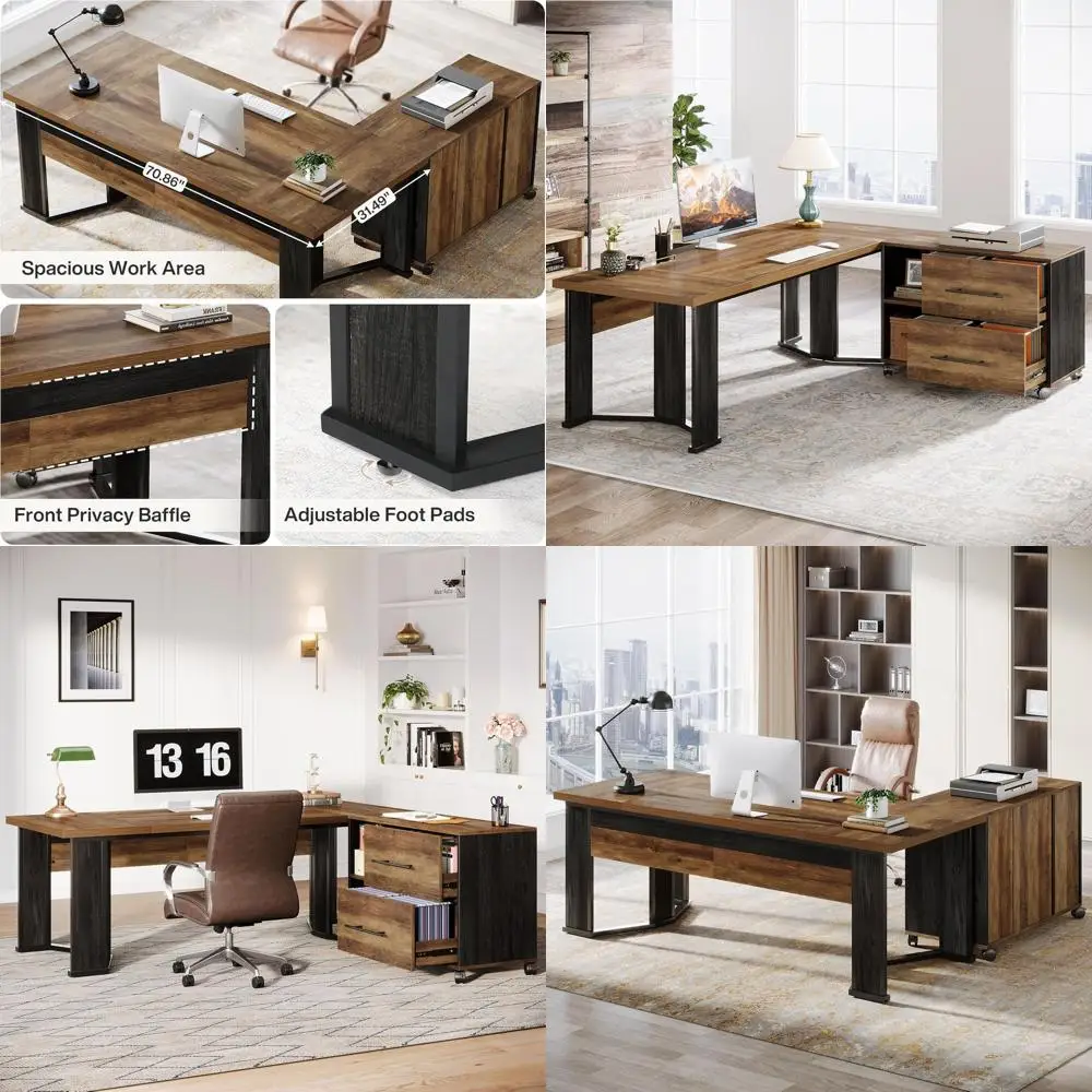 

Рабочий стол руководителя 70,86 футов с мобильным шкафом, большой L-образный компьютерный стол с 2 ящиками и полками для хранения, офисная мебель