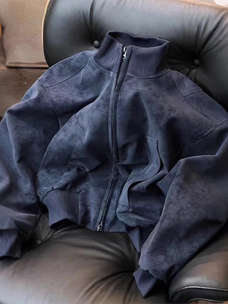 

Куртка Cleanfit American Sle Flight Jaet мужская из натуральной кожи, синяя, с эффектом тай-дай, весна-осень, воротник-стойка, в стиле бейсбольной куртки