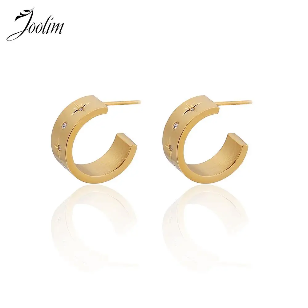 

Joolim Jewelry Wholesale High End PVD No Fade Fashion Simple Carved Eight Star Hoop Stainless Steel Earring Trendy For Korean