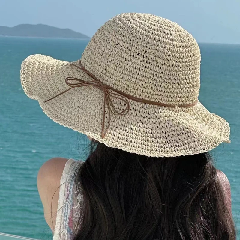 Summer Beach Korean Straw Hat for Women Visor Bucket Hat Hand Weaving Panama Girl Fishing Chapeau Sun Hats for Women