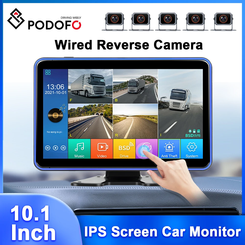 Podofo 10.1'' Car Monitor Dashboard Dash Cam 5 Cameras Wired Transmission BSD Night Vision Waterproof Loop Recording Car DVR