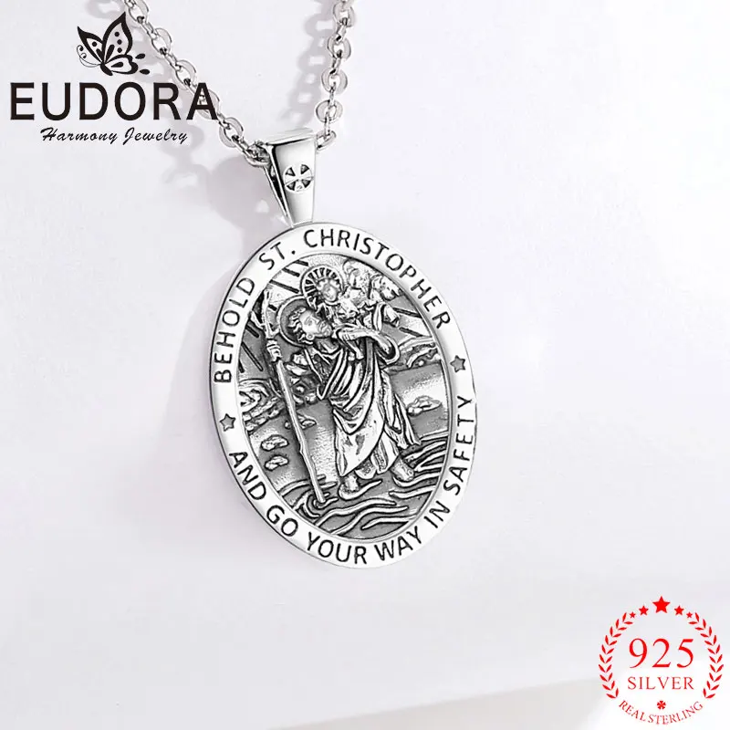 

Eudora Saint Christopher Necklace 925 Sterling Silver Catholic Medallion Pendant Religious Jewelry Festival Gift for Men Women
