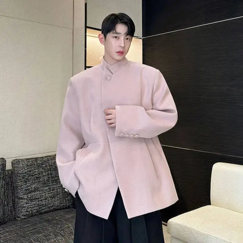 

2025 Korean Style Men's Woolen Blazers Stand Collar Solid Color Single Breasted Pleated Design Loose Male Suit Jackets