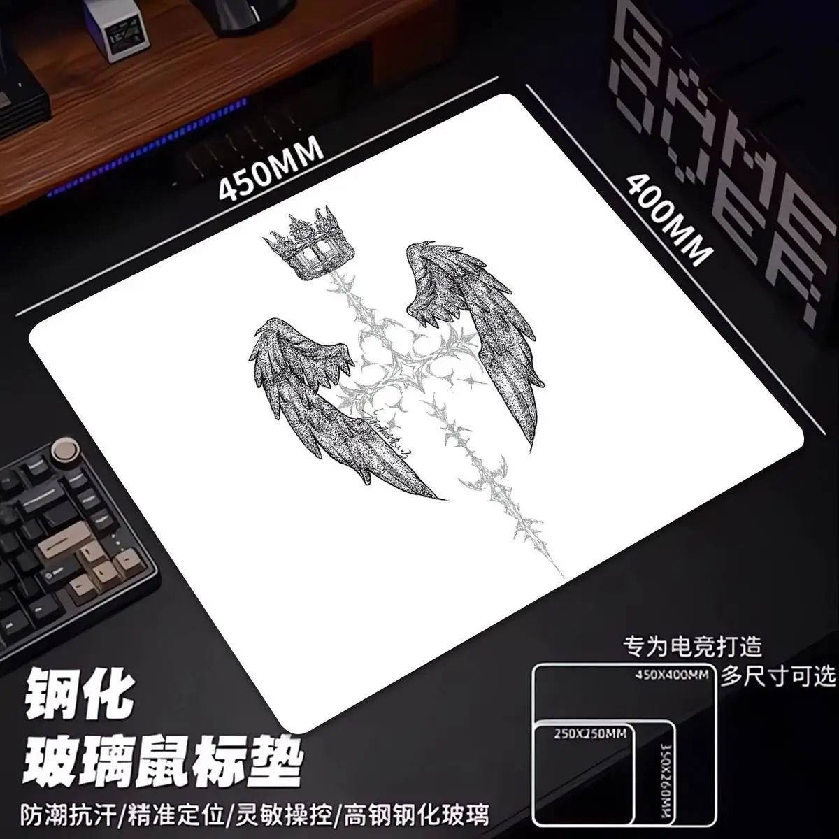 Angel Cross Micro Etching Upgrade Glass Gaming Mouse Pad Smooth Frosted Tempered Hard Desk Mat FPS Office Customizable Accessori