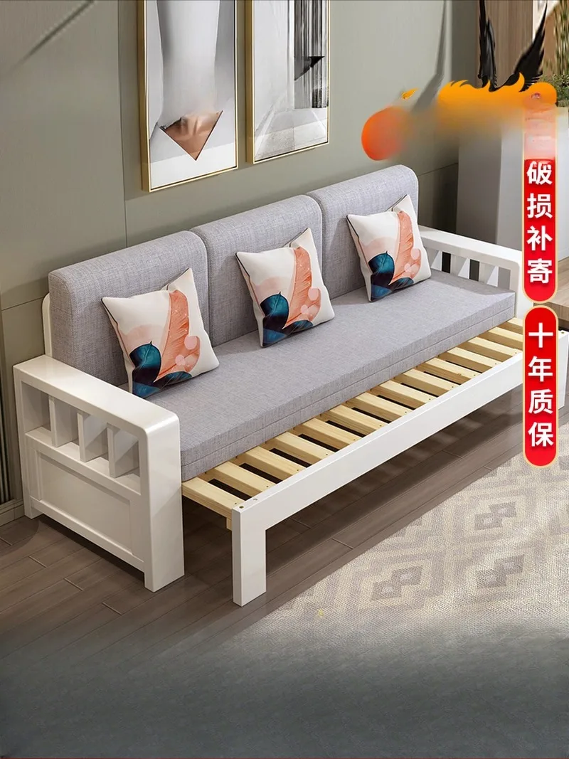 

Solid wood sofa bed foldable single living room sitting bed retractable multi-functional push-pull sofa bed dual-purpose small a