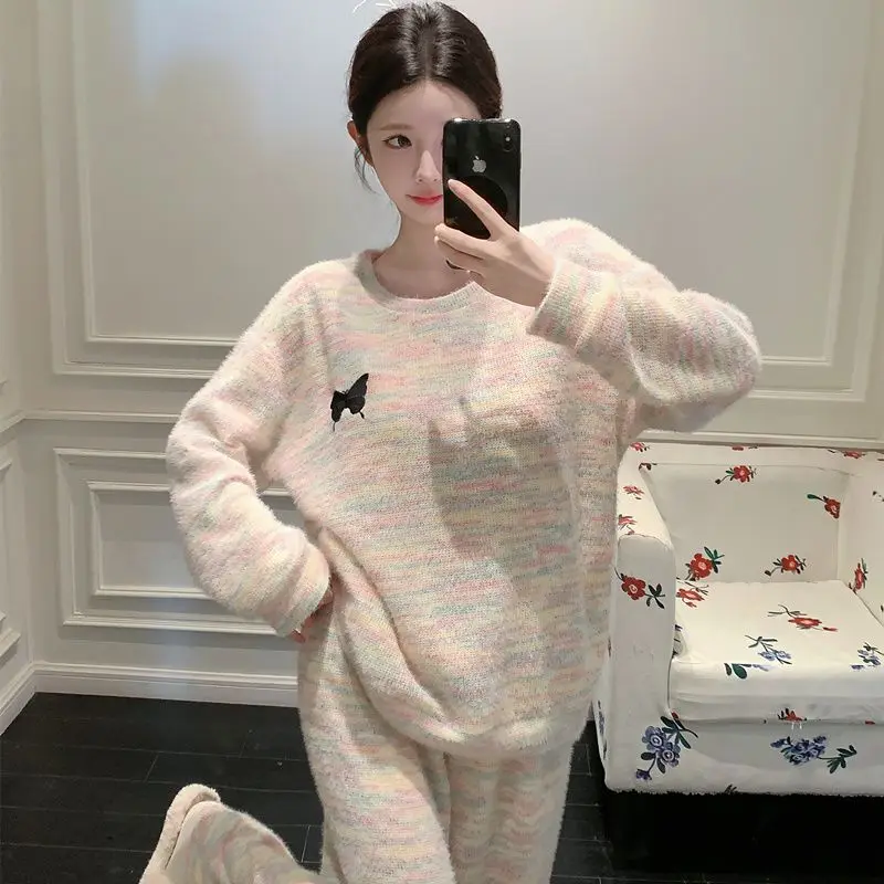 

autumn winter Women's pajamas Comfortable Sleepwear long sleeves rainbow Cotton Pajama homewear Solid Color Pajamas suit Spring