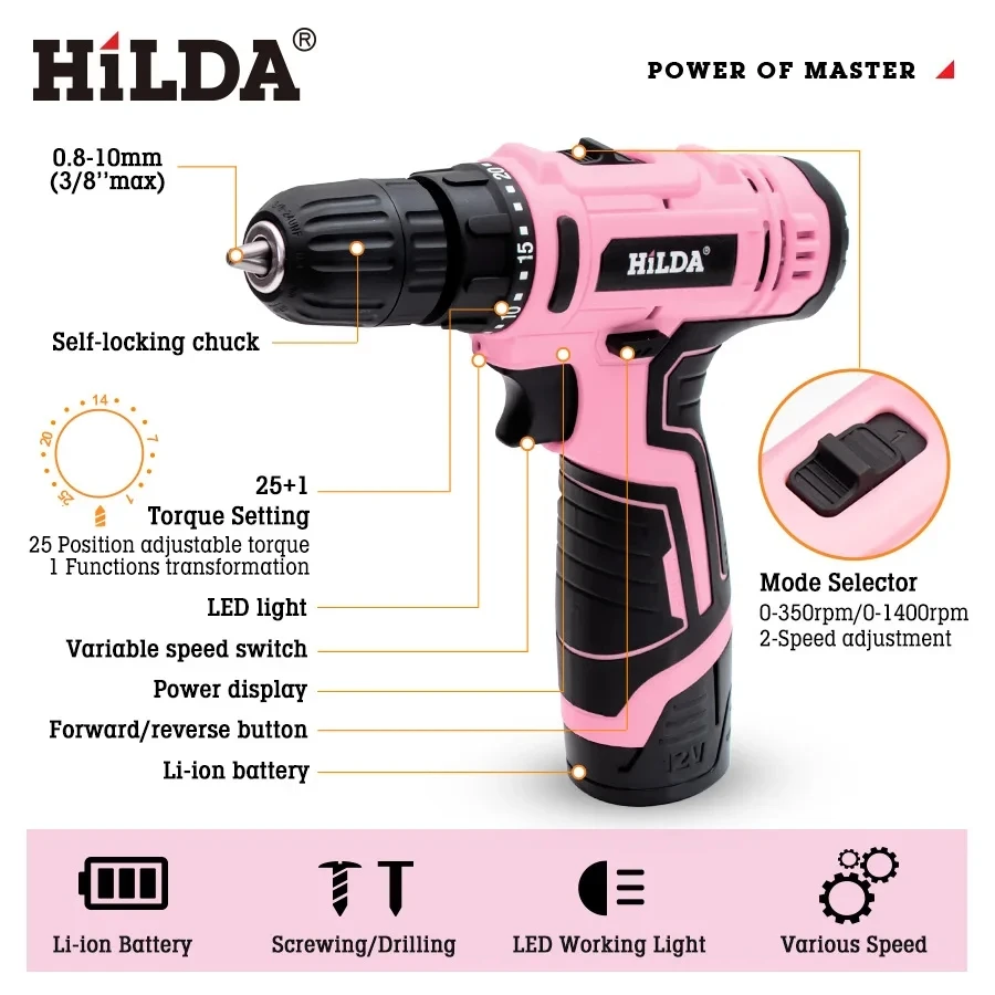 HILDA 12V Electric Screwdriver 25+1 Torque Cordless Drill Mini Wireless Power Tools Lithium-Ion Battery Pink Drill