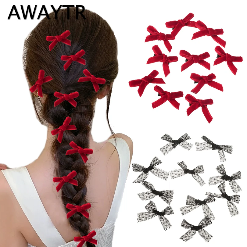 AWAYTR 10Pcs Bow Hairclips Girls Y2K Small Bow Barrettes Women Simple Hair Clip Braided Headdress Sweet Hair Accessories