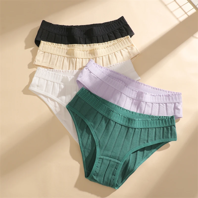 3Pcs/Set Cotton Striped Stretchy Underwear Women's Low Waist Panties Sexy Elastic Wide Belt Solid Color Briefs Comfort Lingerie