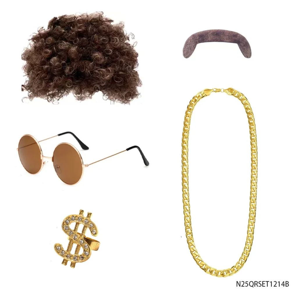 Zestaw kostiumowy w stylu retro hip hop z lat 90. - kręcona peruka, okulary przeciwsłoneczne, złoty łańcuszek, spinki do mankietów w kształcie dolarów, akcesoria imprezowe