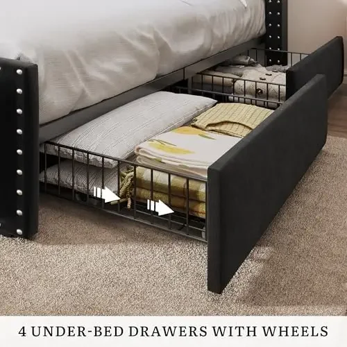 Queen Size Bed Frame with 4 Storage Drawers and RGB LED Lights, Velvet Upholstered Platform Bed with Charging Station - view 4