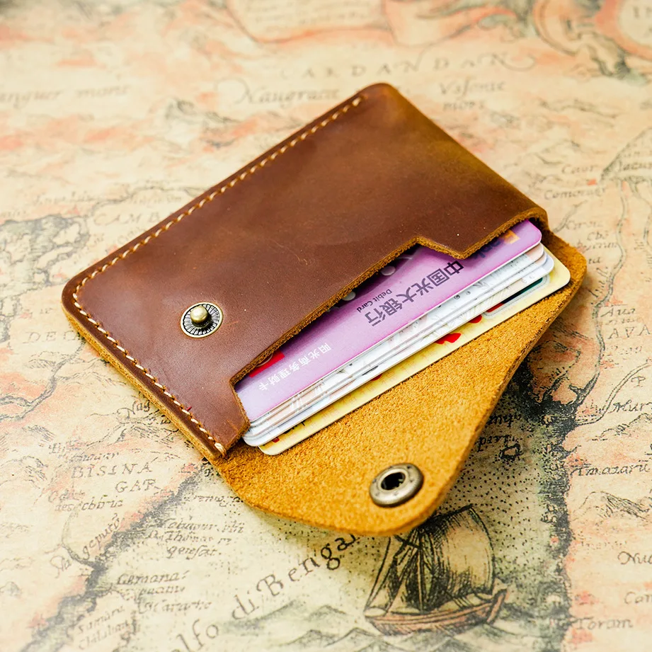 

Creative Button Cowhide Leather Coin Purse Simple Handmade Bifold Card Holder Vintage Japanese Style Crossborder New Model