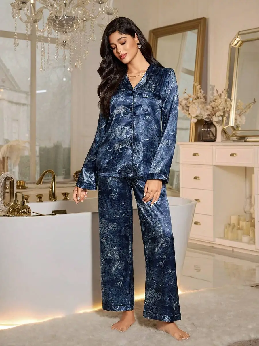 

Elegant Blue Satin Long Sleeve Pajama Set With Lapel Neckline And Pockets